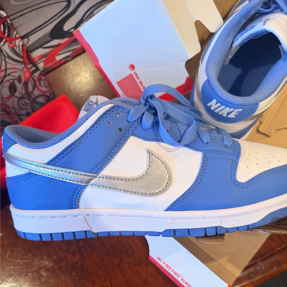 Nike White and Blue Dunks with Metallic Swoosh